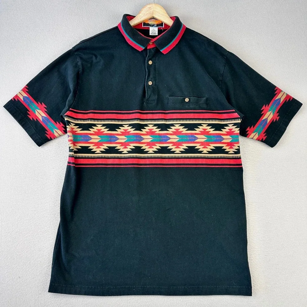 VTG 90s Cripple Creek Polo Shirt Mens L Black Aztec Southwest Heavy Short Sleeve
